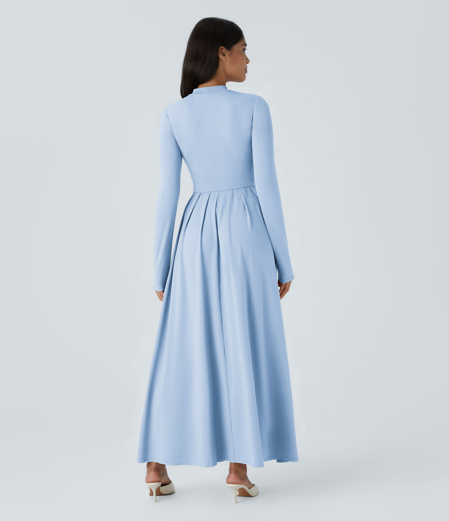 Mock-neck Long Sleeve Pocket Flare Maxi Casual Dress - Angel Falls