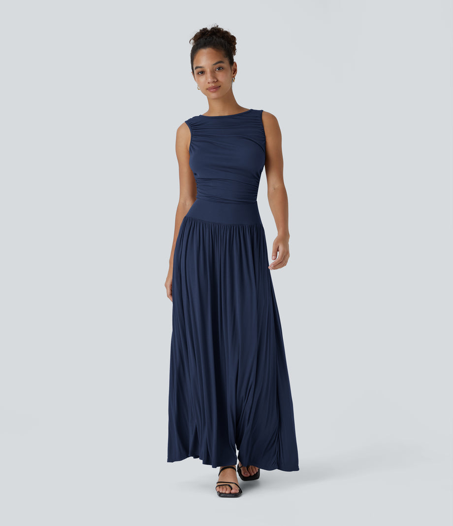 Ribbed Boat Neck Asymmetric Strap Ruched Pocket Flowy Maxi Casual Dress - Nightfall Blue