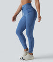 High Waisted Drawstring Striped Yoga Leggings with Pockets - Navy Stripe