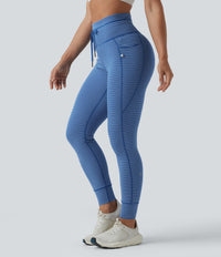 High Waisted Drawstring Striped Yoga Leggings with Pockets - Navy Stripe
