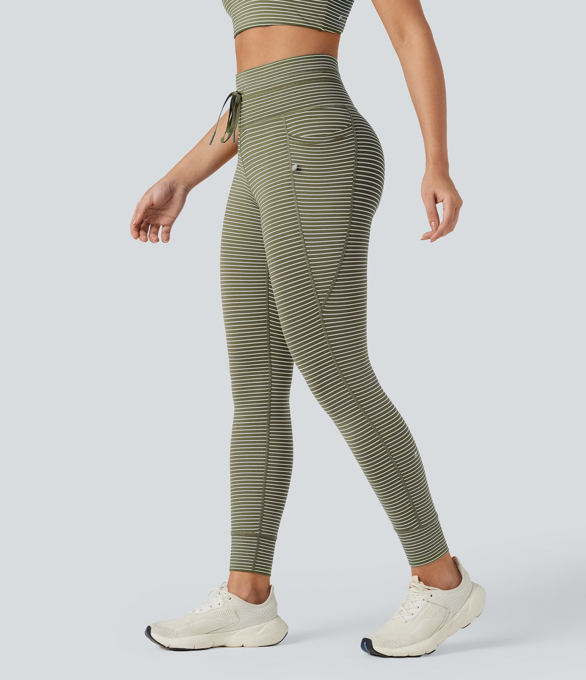 High Waisted Drawstring Striped Yoga Leggings with Pockets - Camo Olive Green