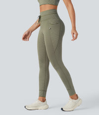 High Waisted Drawstring Striped Yoga Leggings with Pockets - Camo Olive Green