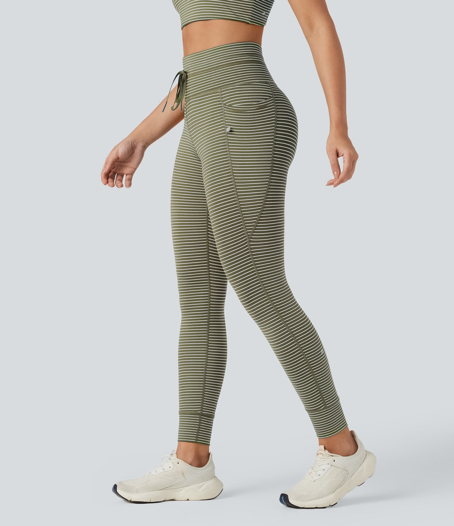 High Waisted Drawstring Striped Yoga Leggings with Pockets - Camo Olive Green