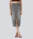 Halara Flex™ High Waisted Pockets Bodycon Washed Denim Casual Midi Skirt - Black Iron Gray Denim