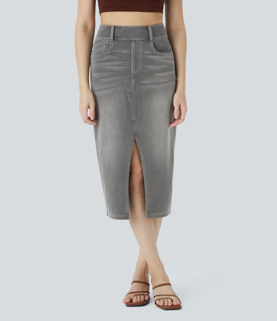 Halara Flex™ High Waisted Pockets Bodycon Washed Denim Casual Midi Skirt - Black Iron Gray Denim