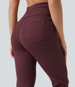 High Waisted Drawstring Stripe Flare Yoga Pants with Pockets - Burgundy Wine