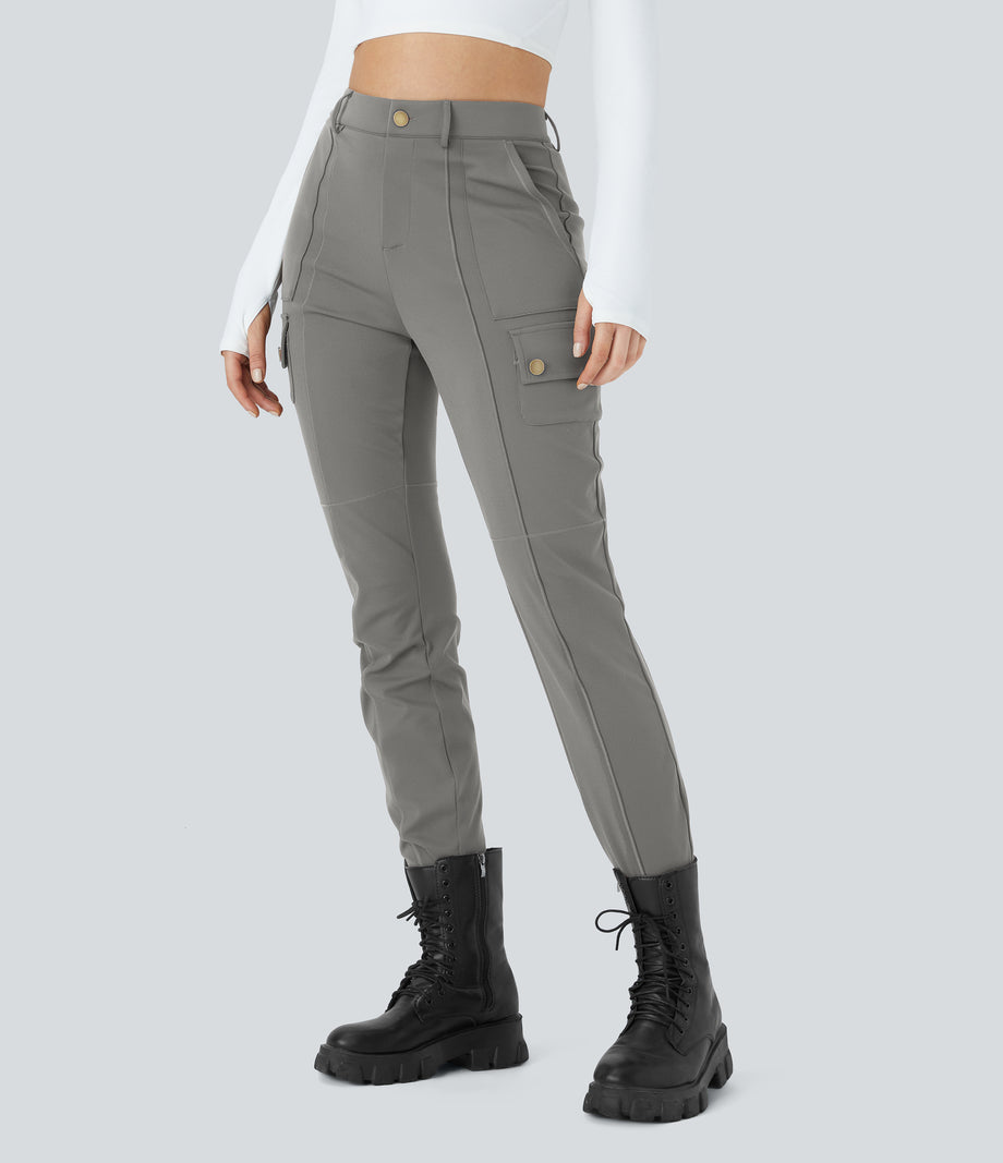 DayStretch High Waisted Zipper Pockets Solid Skinny Cargo Pants - Silent Storm