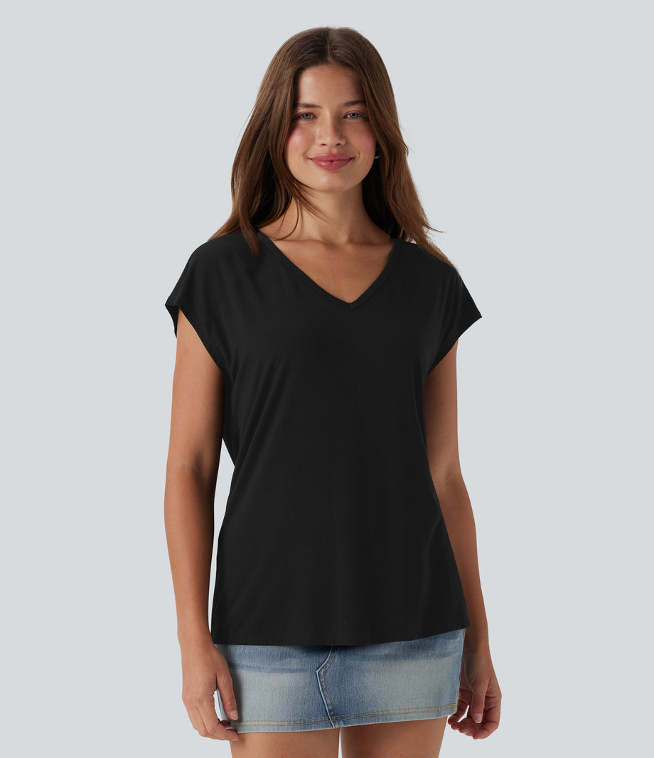 V Neck Short Sleeve Casual T-Shirt - Black