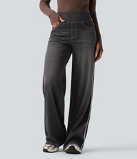 Halara Flex™ High Waisted Stripe Wide Leg Flowy Washed Casual Jeans with Pockets - Poppy Seed Denim