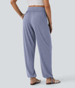 Crossover High Waisted Pocket Drawstring Casual Joggers - Light Blue Floral Yarn