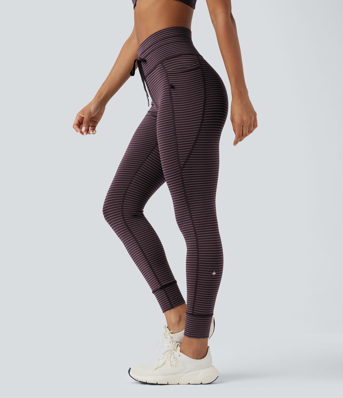 High Waisted Drawstring Striped Yoga Leggings with Pockets - Plum Ridge