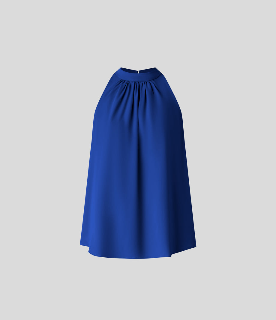 Keyhole Back Halter Sleeveless Curved Hem Work Blouse - Surf the Web