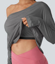 One Shoulder Long Sleeve Thumb Hole Curved Hem High Low Quick Dry Yoga Sports Top-Built-in Bra - Steel Gray