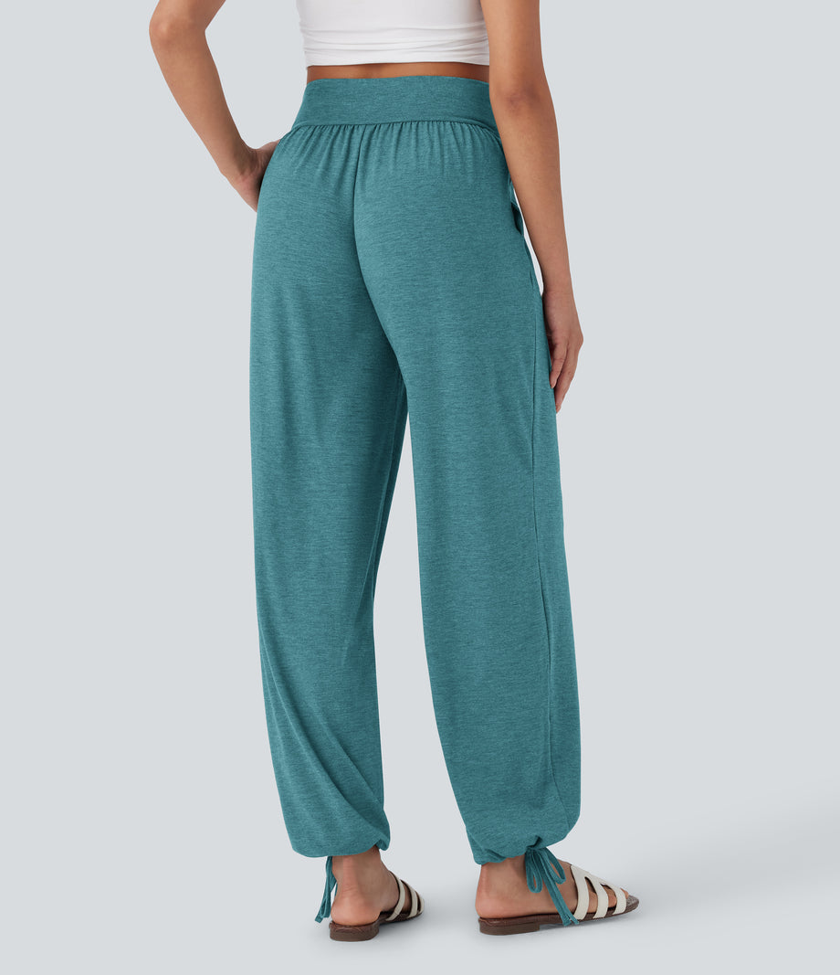 Crossover High Waisted Pocket Drawstring Casual Joggers - Stone Green Floral Yarn
