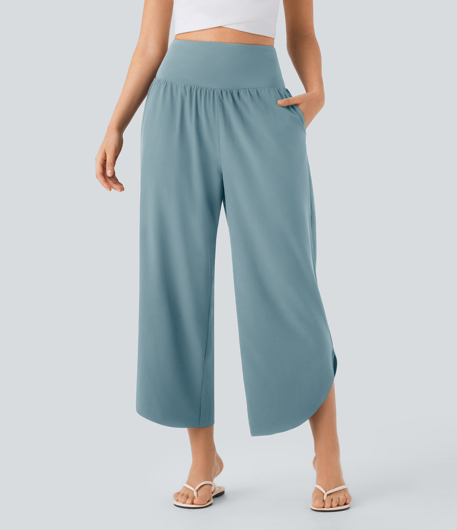 Breezeful™ High Waisted Tummy Control Split Hem Quick Dry Resort Pants with Pockets - Stone Blue
