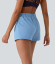 High Waisted Elastic Waistband Drawstring Pleated Yoga Shorts 3" with Pockets - Placid Blue