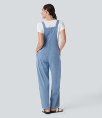 Halara Flex™ V Neck Pocket Washed Denim Casual Overalls - Campanula Blue Denim