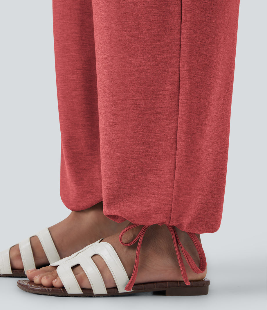Crossover High Waisted Pocket Drawstring Casual Joggers - Poinsettia Floral Yarn
