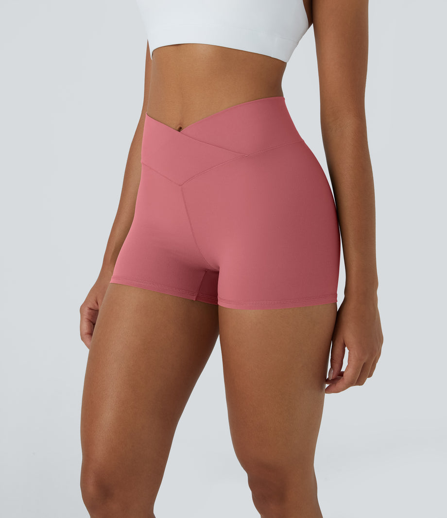 SoftlyZero™ High Waisted Crossover Plain Yoga Biker Shorts 3''-UPF50+ - Begonia Rouge