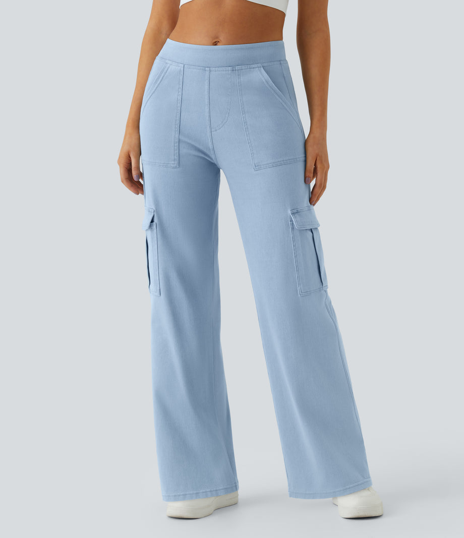 Halara Flex™ Mid Rise Pockets Straight Leg Casual Cargo Jeans - Denim Cyan Blue