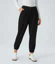 Mid Rise Zipper Pockets Corduroy Casual Joggers - Black