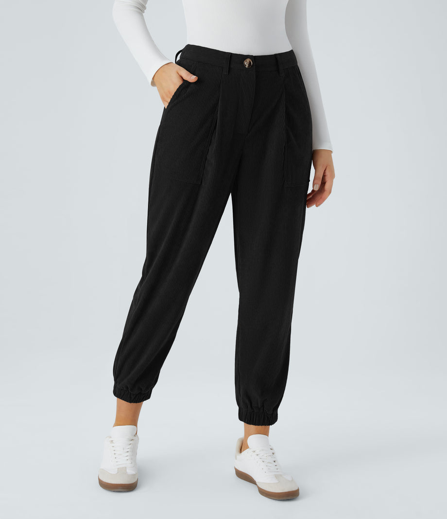 Mid Rise Zipper Pockets Corduroy Casual Joggers - Black
