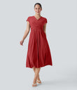Breezeful™ V Neck Short Sleeve Pocket Tie Back Quick Dry Midi Casual Dress - Pompeian Red