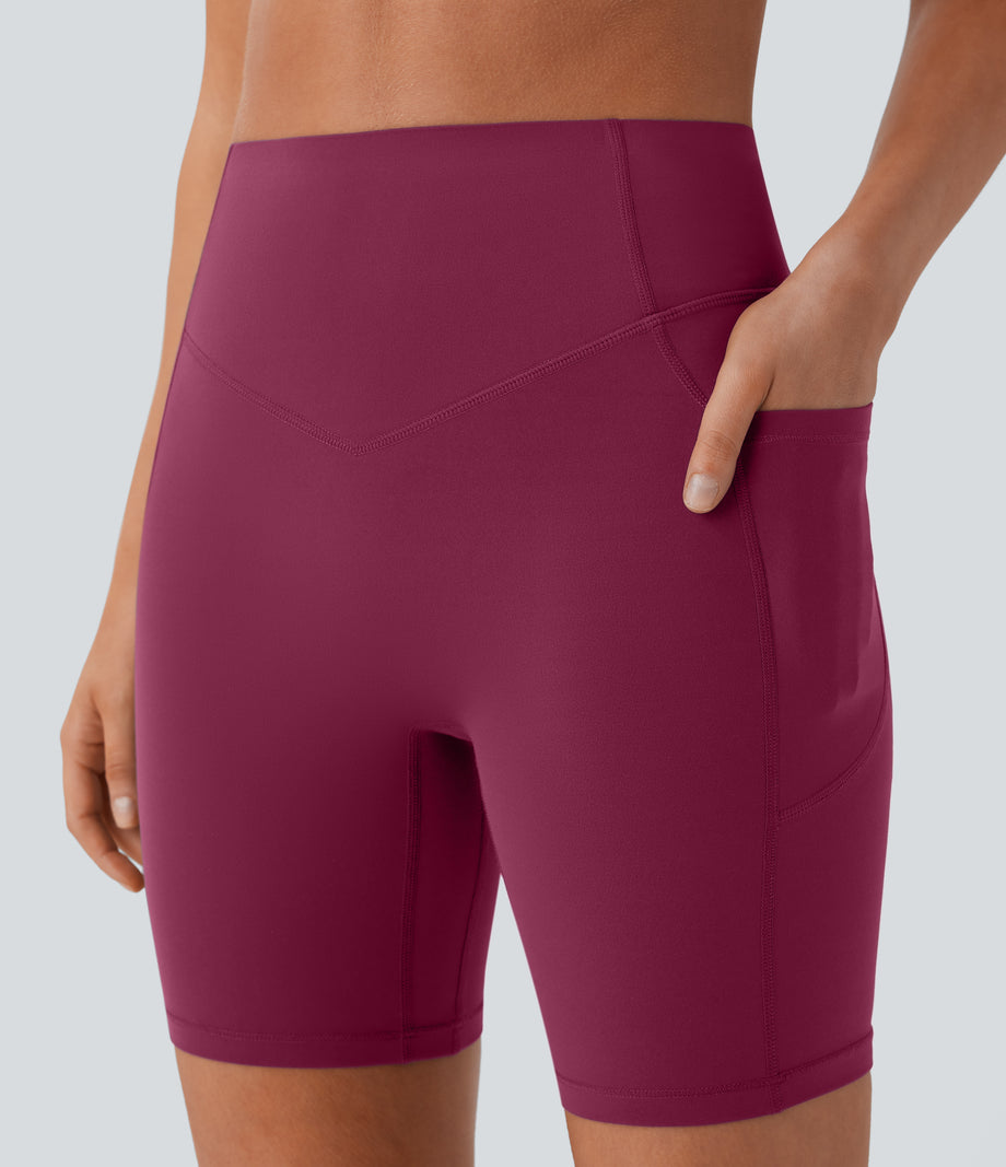 Halara UltraSculpt™ High Waisted Scrunch Butt Lifting Tummy Control Side Pocket Shaping Workout Biker Shorts 7'' - Red Plum
