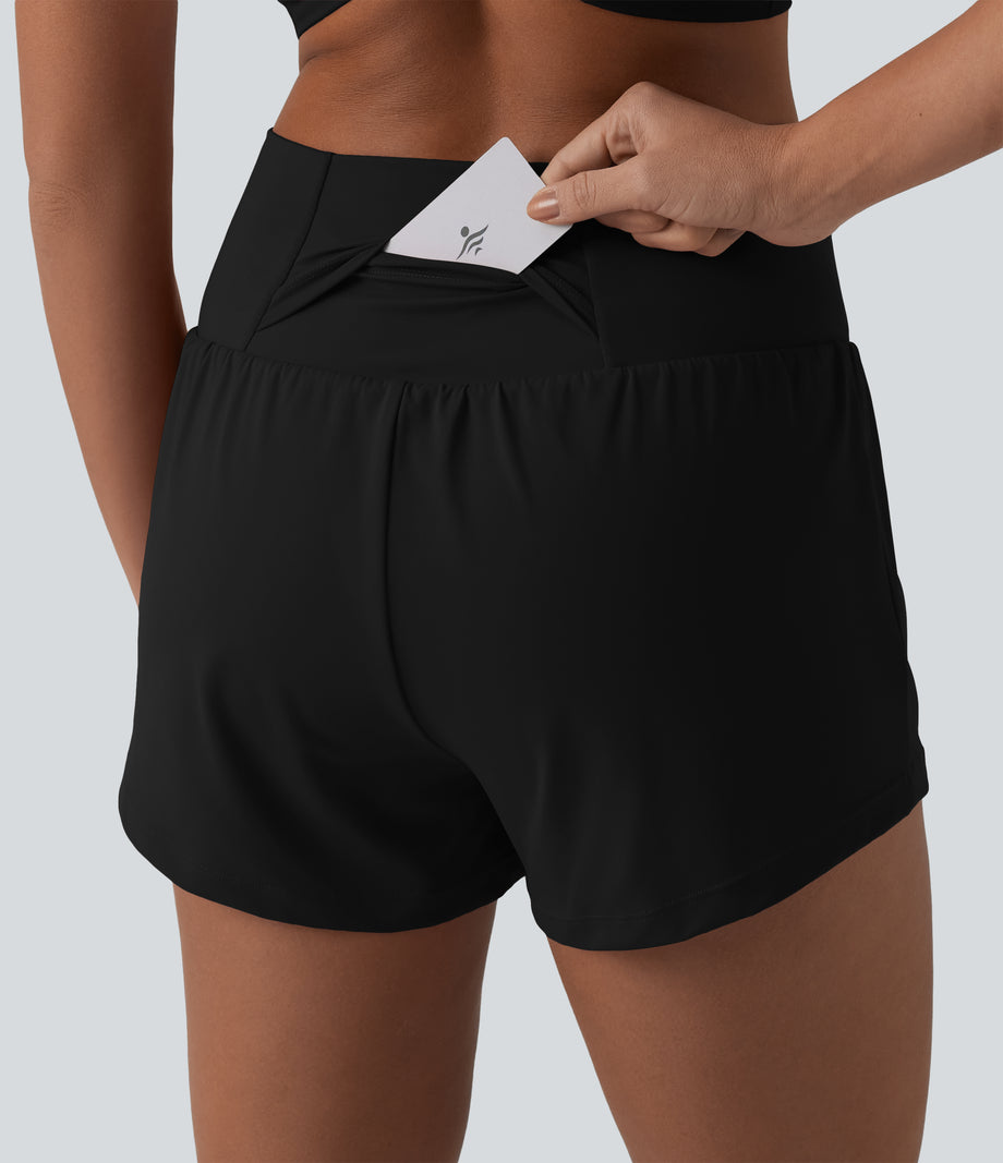 SoftlyZero™ Airy Crossover High Waisted 2-in-1 Cool Touch Yoga Shorts 3'' with Pockets - Black