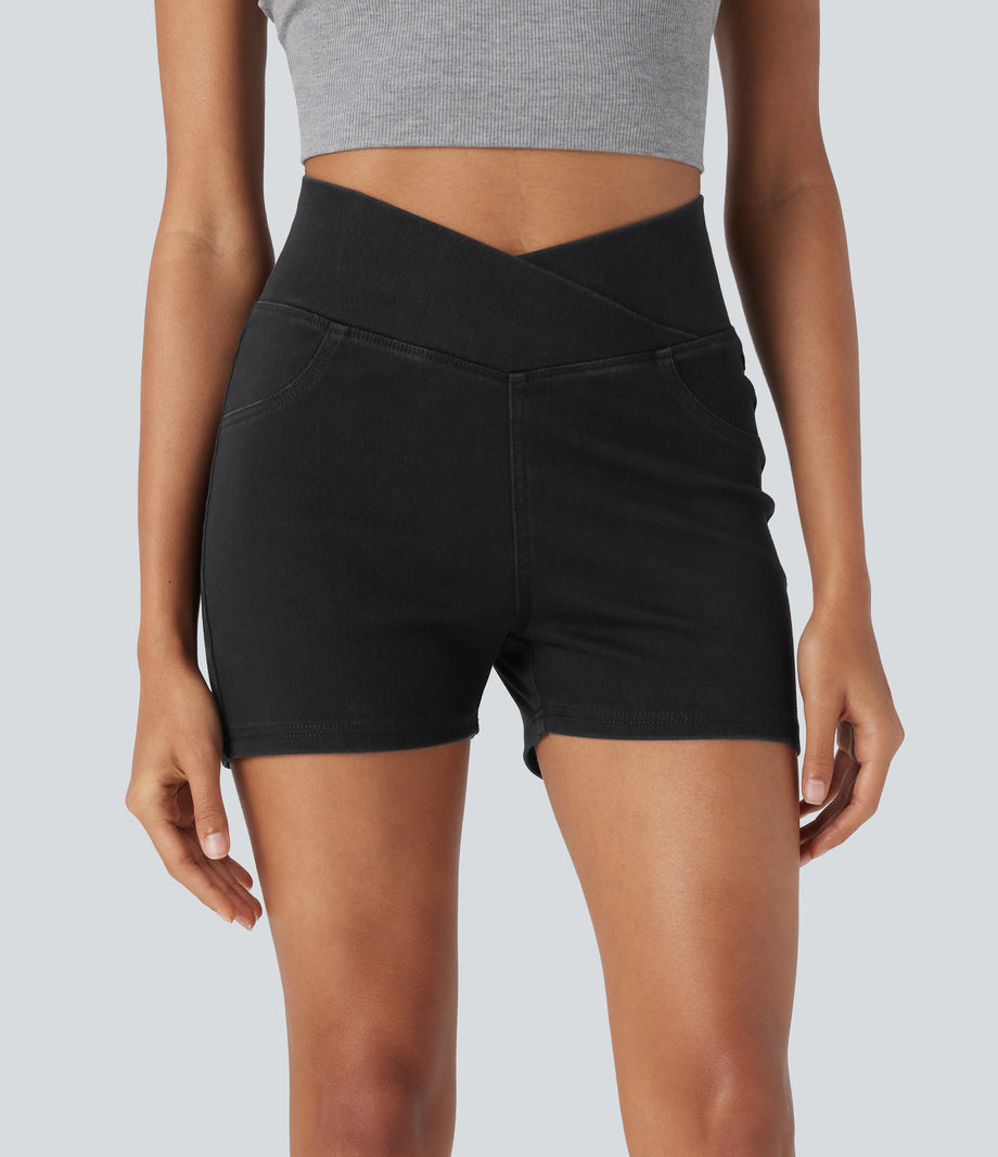 Halara Flex™ High Waisted Crossover Pocket Denim Casual Shorts 3" - Black Denim