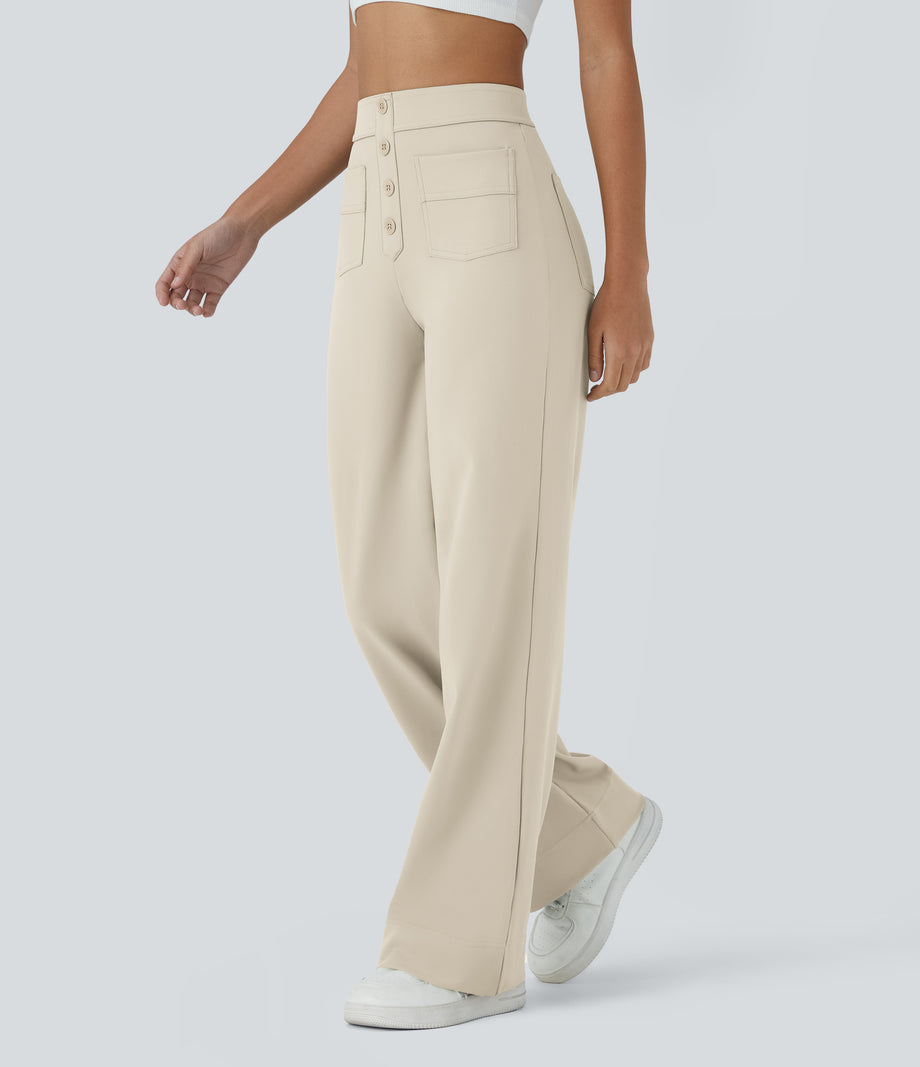 DayStretch High Waisted Pockets Straight Leg Casual Pants - Oat Milk