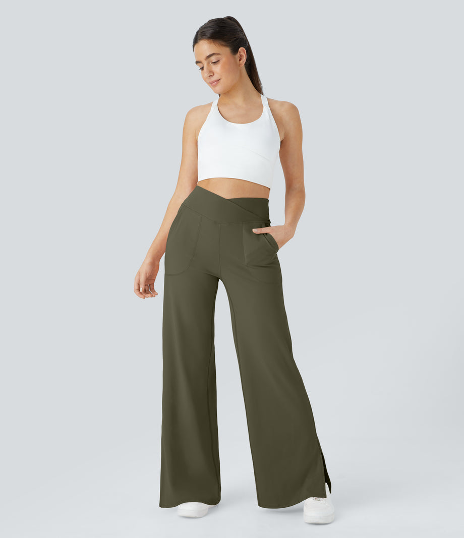 DayStretch Crossover Pocket Hem Wide Leg Yoga Pants-Smile - Forest Night