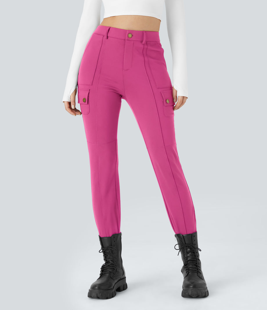 DayStretch High Waisted Zipper Pockets Solid Skinny Cargo Pants - Raspberry Rose