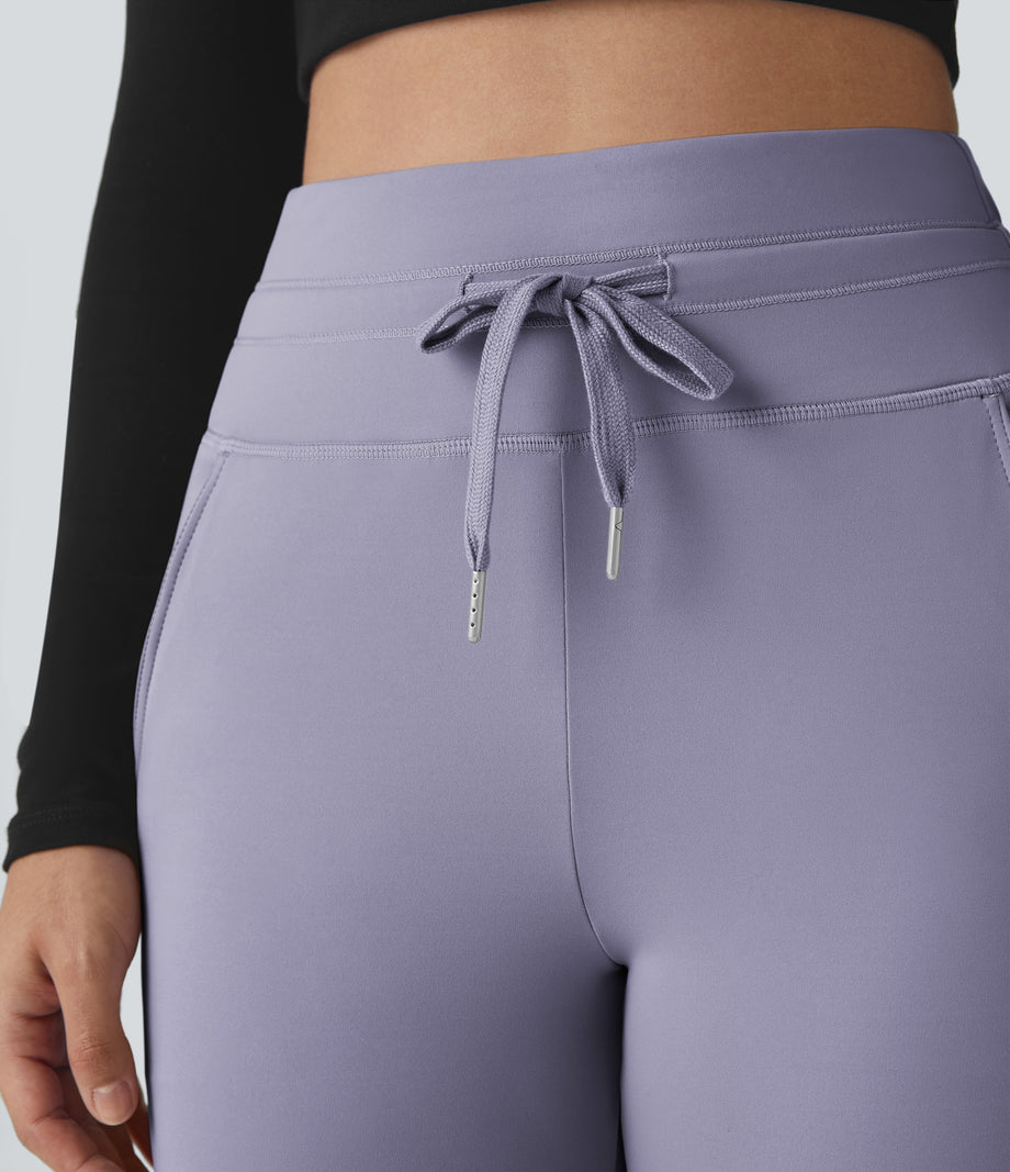 SoftlyZero™ Plush High Waisted Drawstring Pocket Plain Full Length Joggers - Silver Bullet