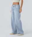 Halara Flex™ Low Rise Zipper Pockets Washed Baggy Wide Leg Casual Jeans - Light Azure Denim