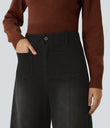 Halara Flex™ High Waisted Pockets Washed Casual Wide Leg Jeans - Coal Black Denim