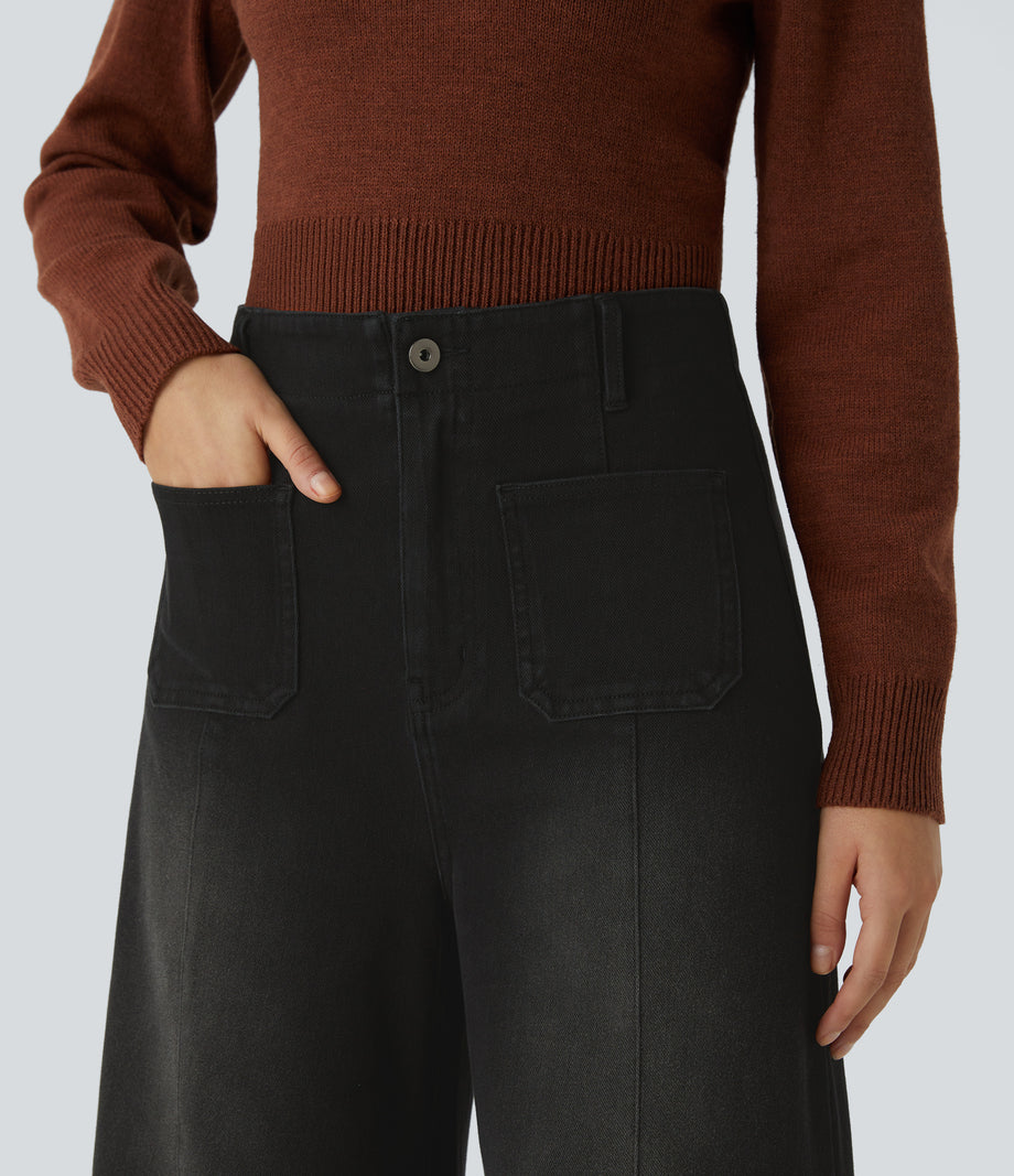 Halara Flex™ High Waisted Pockets Washed Casual Wide Leg Jeans - Coal Black Denim