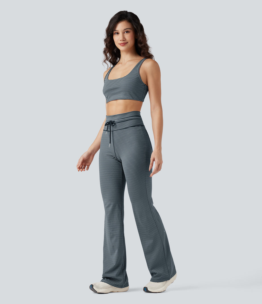 High Waisted Drawstring Stripe Flare Yoga Pants with Pockets - Oceanic Teal