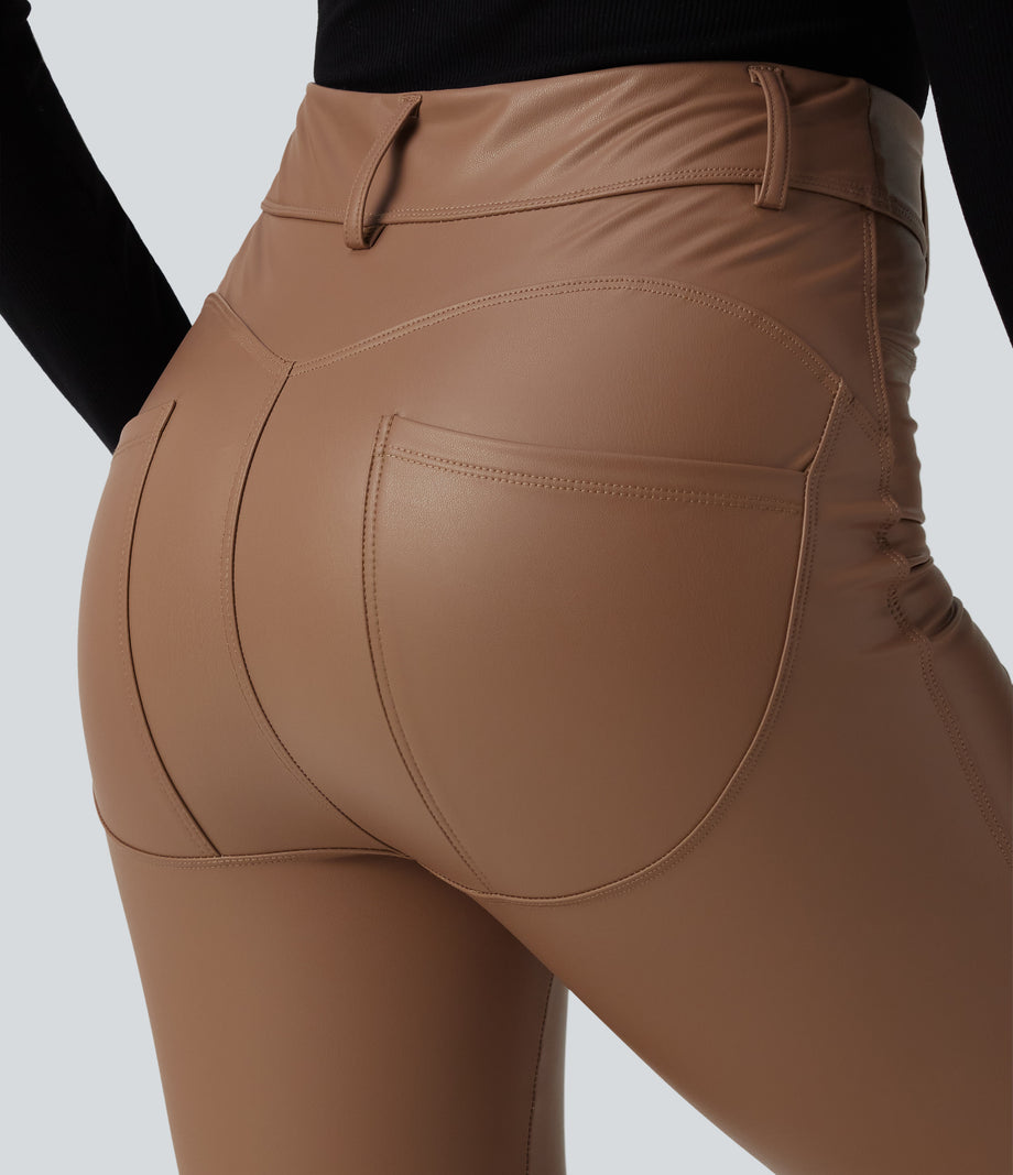 High Waisted Stretchy PU Fleece Casual Leggings with Pockets - Argan Oil