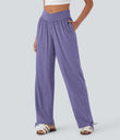 Crossover High Waisted Pocket Drawstring Casual Joggers - Light Purple Floral Yarn