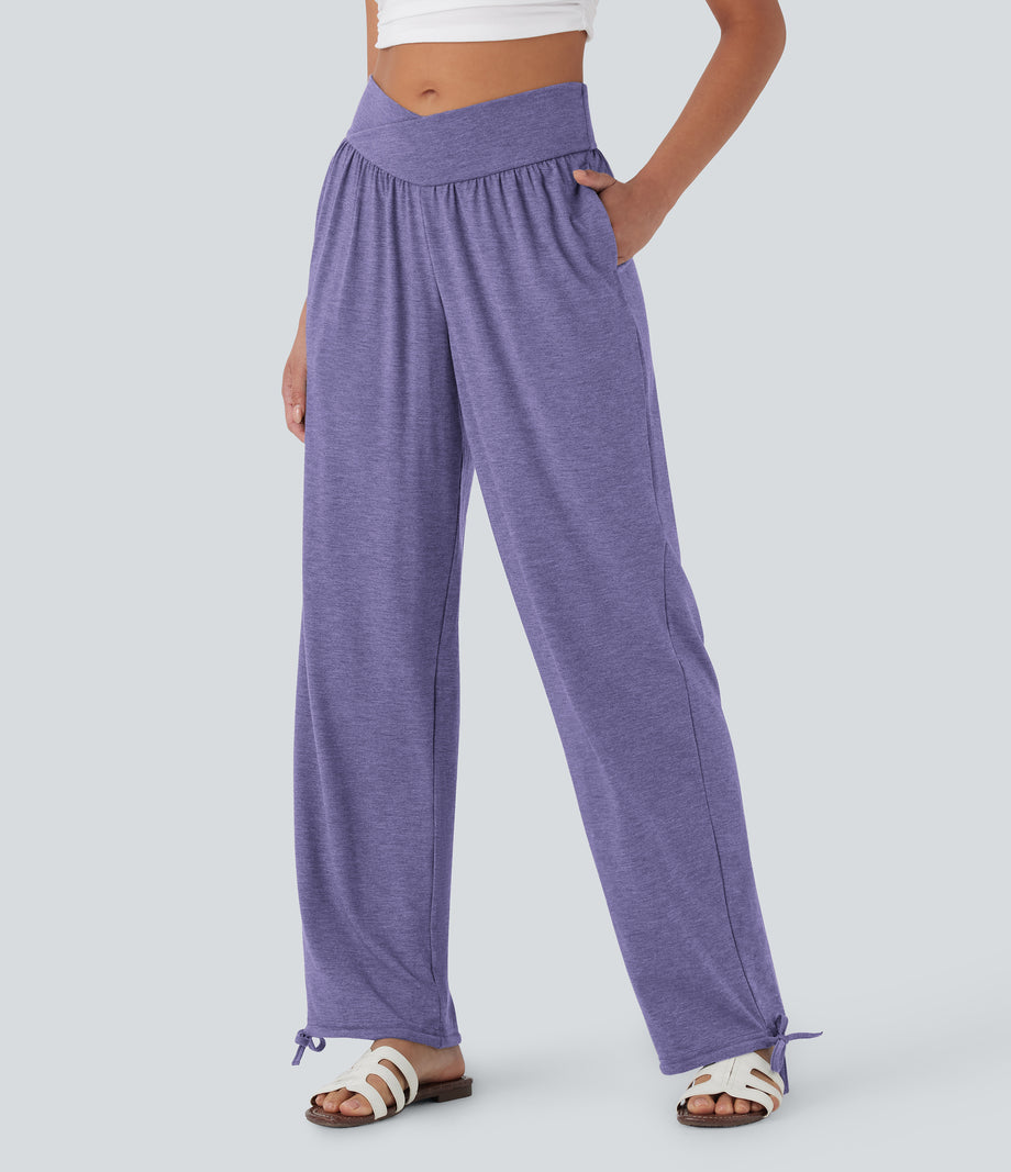 Crossover High Waisted Pocket Drawstring Casual Joggers - Light Purple Floral Yarn