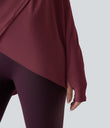 Hooded Cowl Neck Long Sleeve Thumb Hole Yoga Sports Top with Pockets - Chocolate Truffle