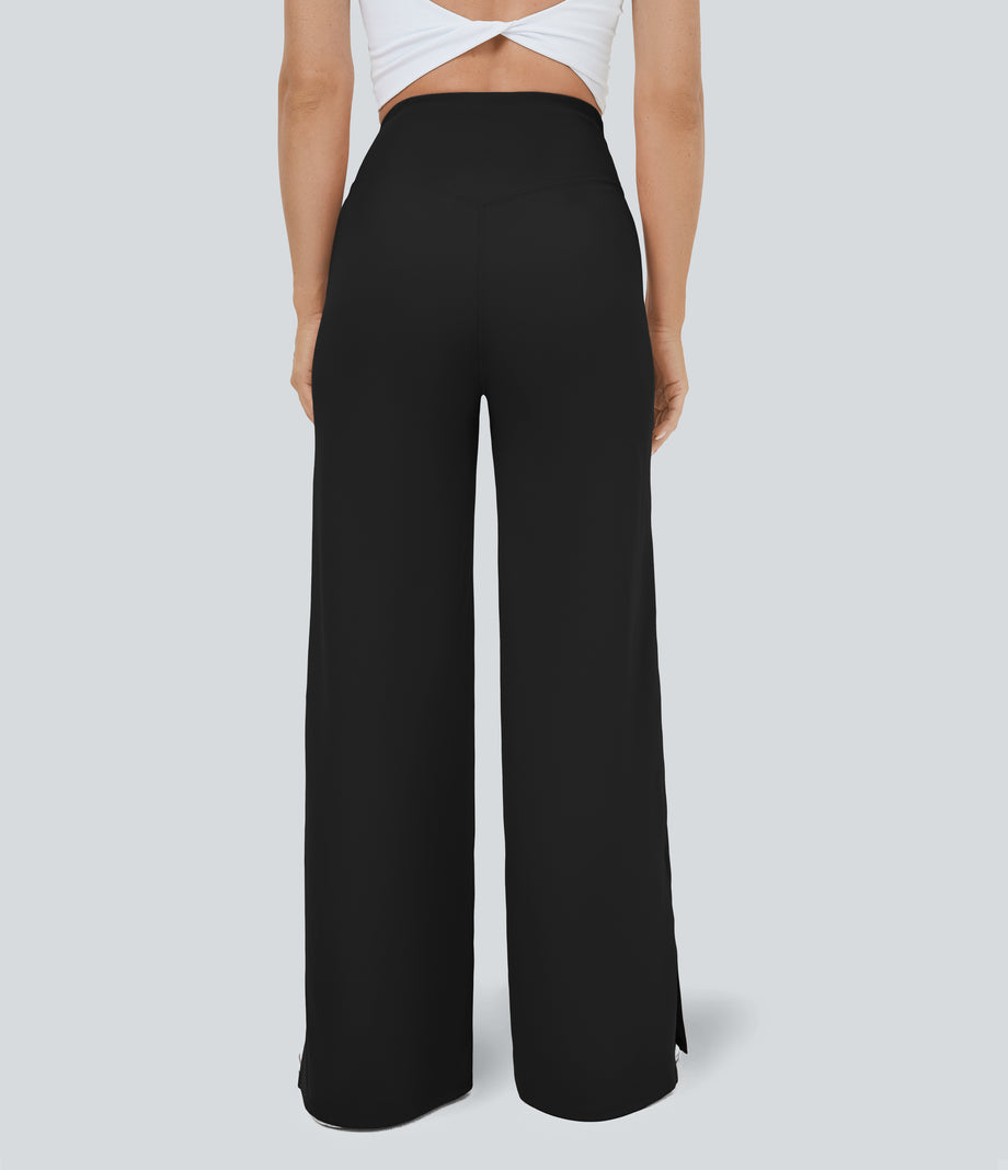 DayStretch Crossover Pocket Hem Wide Leg Yoga Pants-Smile - Black