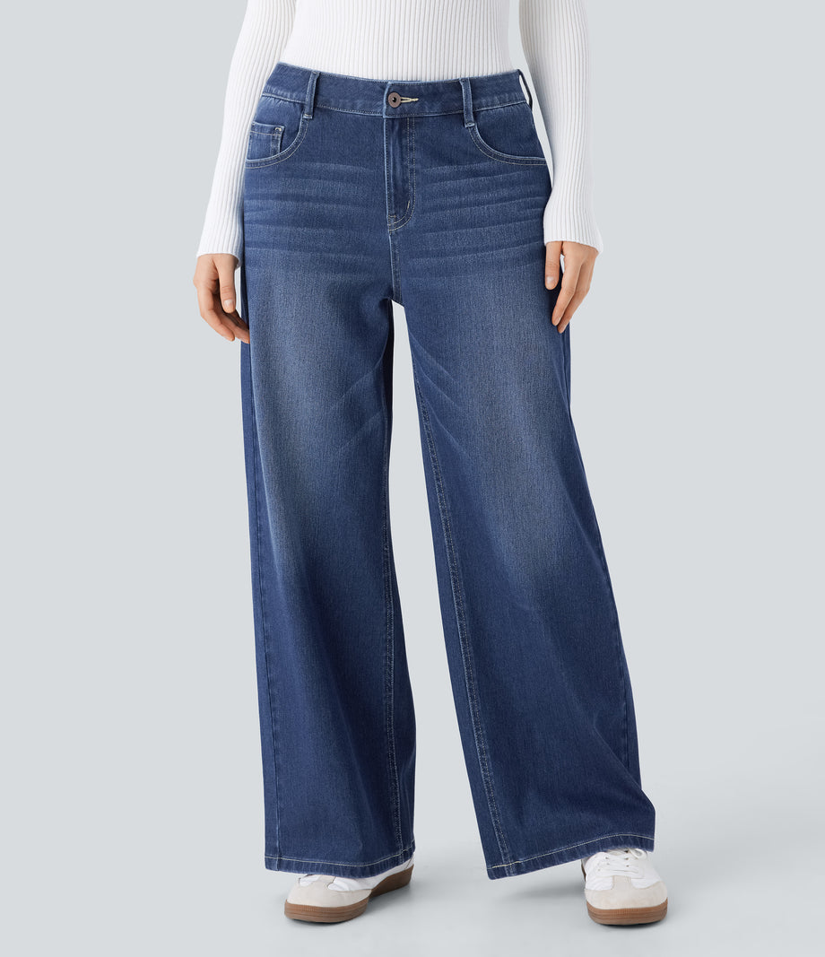 Halara Flex™ Low Rise Zipper Pockets Washed Baggy Wide Leg Casual Jeans - Paint Blue Denim