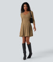 Ribbed Knit V Neck Long Sleeve Flare Mini Casual Dress with Pockets - Tan
