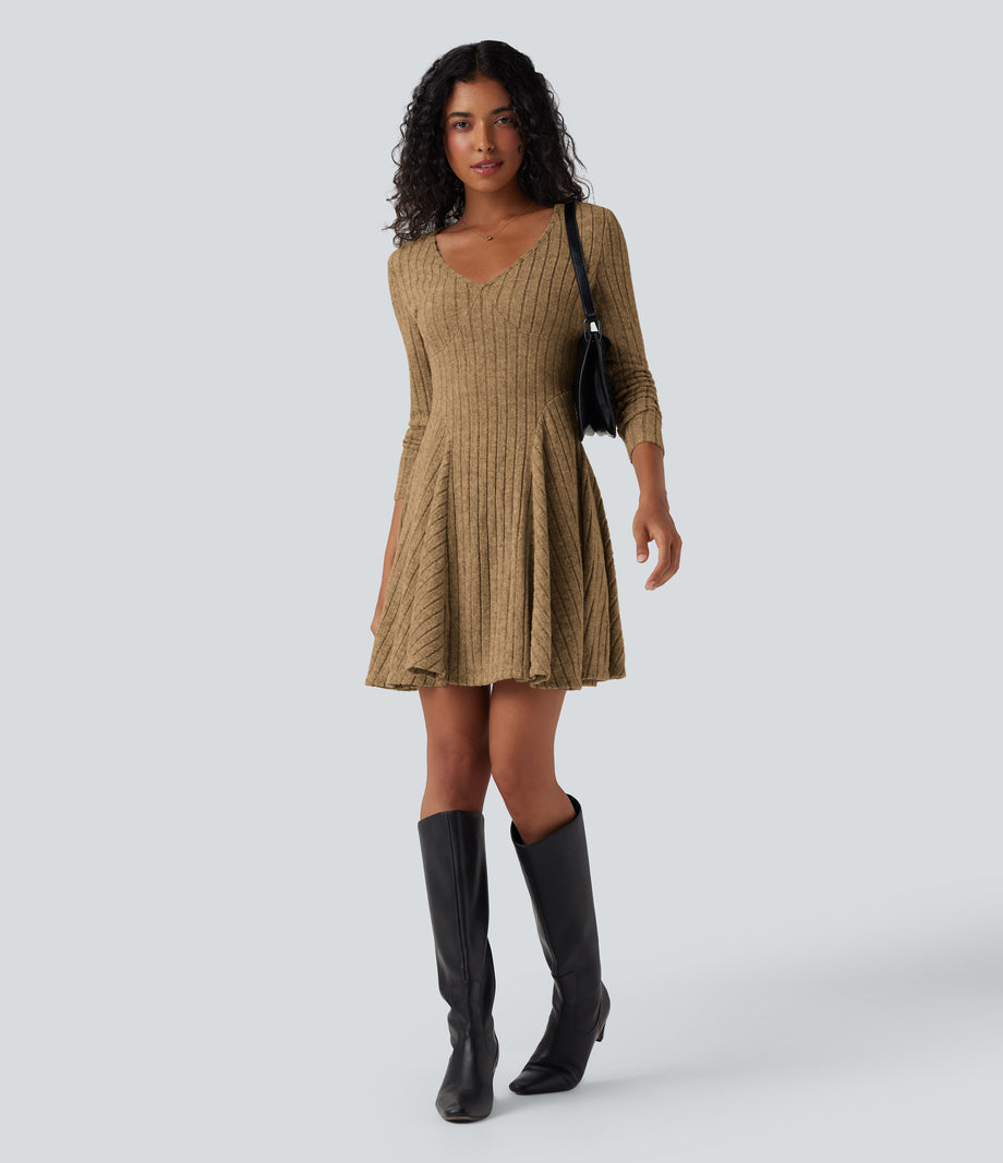 Ribbed Knit V Neck Long Sleeve Flare Mini Casual Dress with Pockets - Tan