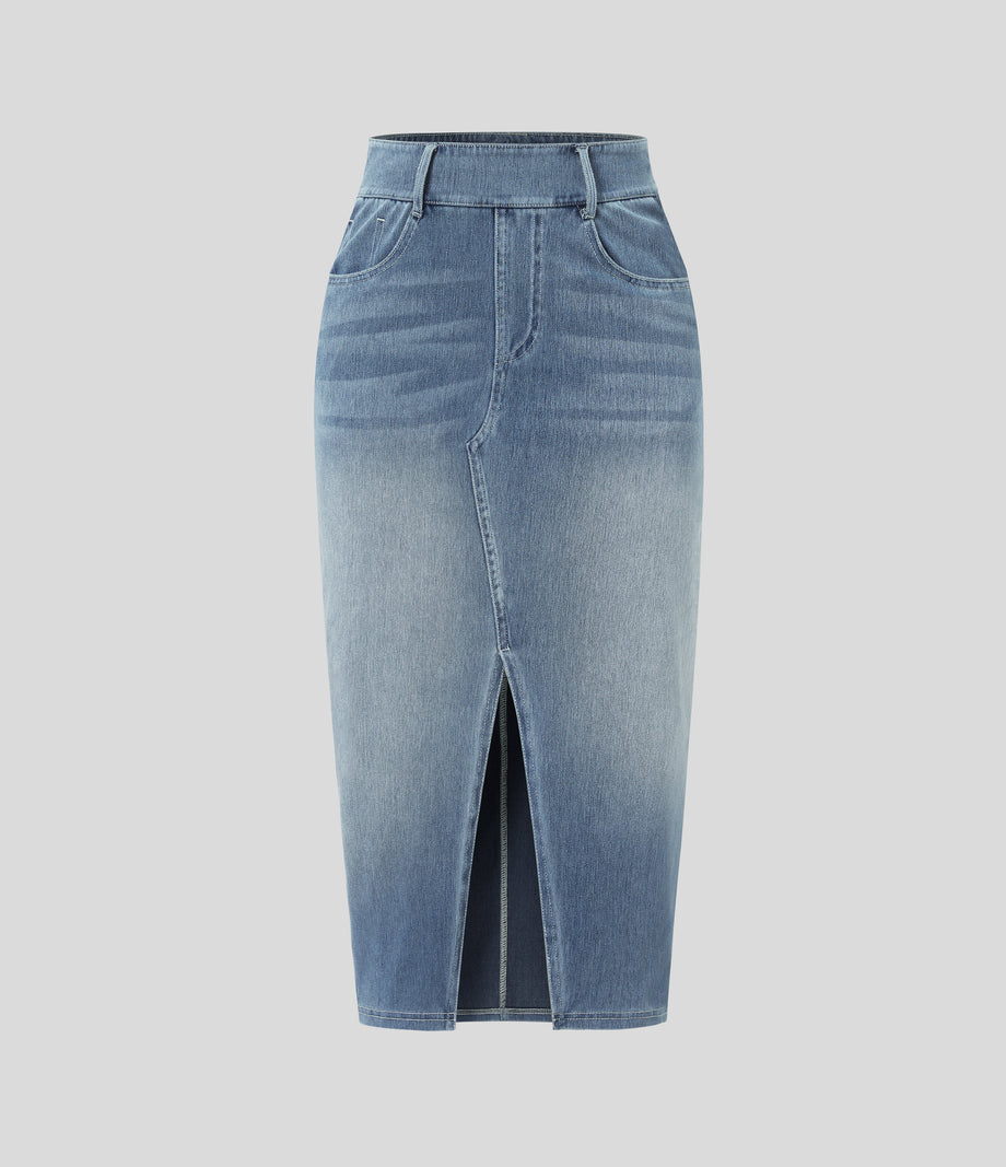 Halara Flex™ High Waisted Pockets Bodycon Washed Denim Casual Midi Skirt - Blue Gray Denim