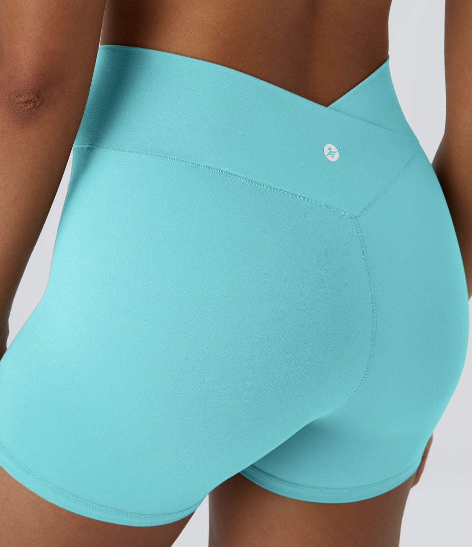 SoftlyZero™ High Waisted Crossover Plain Yoga Biker Shorts 3''-UPF50+ - Island Paradise