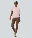 Round Neck Short Sleeve Ruched Cool Touch Yoga Sports Top-UPF50+ - Primrose Pink