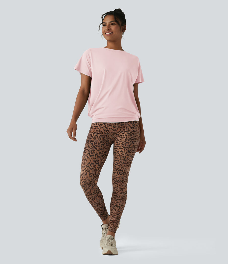 Round Neck Short Sleeve Ruched Cool Touch Yoga Sports Top-UPF50+ - Primrose Pink